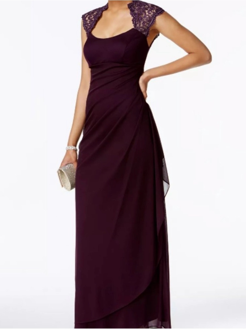 MSK Size 12 Deep Purple Lace Cap-Sleeve Maxi Dress